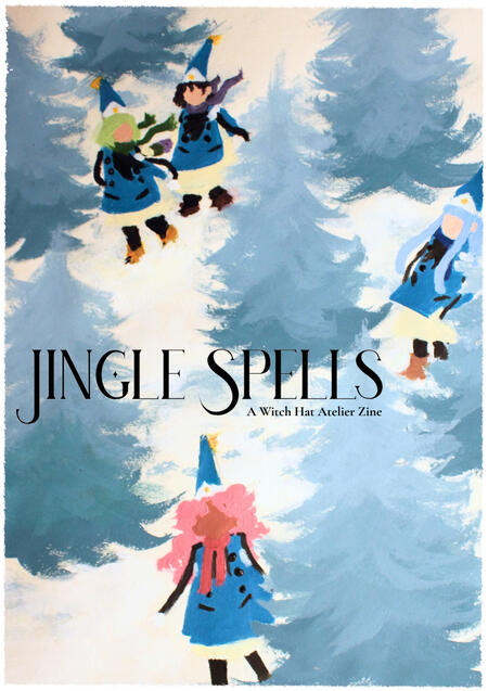 A painting made traditionally. It has muted, cold colours and shows Agott and Coco, Richeh, and Tetia in a snowy forest. They are drawn in a simplified style, without facial features and with not much detail in their clothes. They are all wearing scarves.