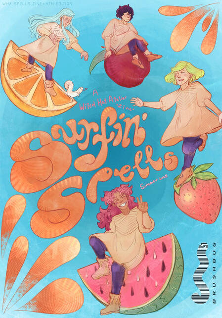 A brightly coloured digitally drawn image. Around the text, Coco, Agott, Richeh and Tetia(counterclockwise) are all standing or sitting on top of fruits(a strawberry, a plum, an orange and a watermelon, respectively