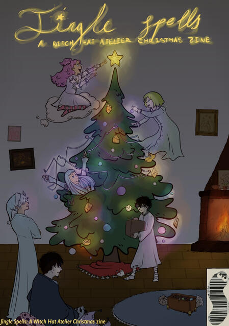 A digital illustration with dark colours showing Tetia, Coco, Richeh and Agott decorating a christmas tree in the atelier's living room. Qifrey and Olruggio are in the bottom left corner of the image, looking at the girls decorate.