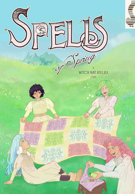 A digitally drawn image, with bright, light colours. It shows the girls from Witch Hat Atelier in a green firled: Coco and Agott laying a picnic blanket, Richeh sitting in the foreground, and Tetia taking food out of a picnic basket.