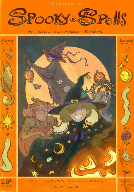 A digital illustration, emulating an old magazine or advert. It has a border with small drawings and in the center there is the girls from Witch Hat Atelier dressed in costumes: Coco and Agott as witches, Tetia as a pumpkin and Richeh as a skeleton