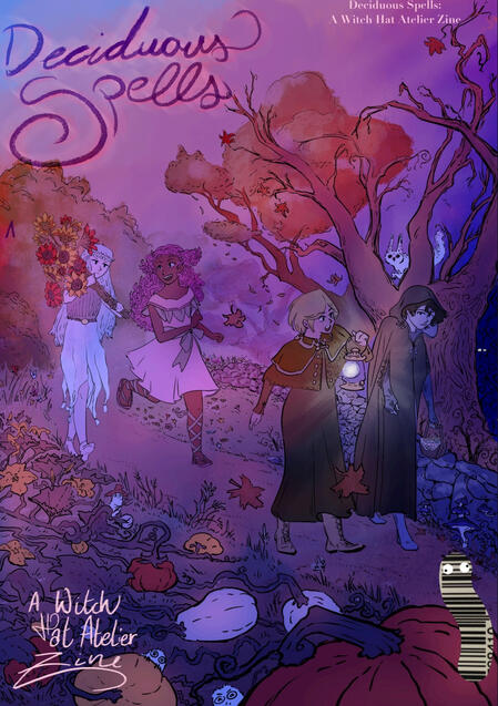 A digital drawing, showing the girls from Witch Hat Atelier walking through a path. Tetia and Richeh are at the back of the path, dressed in summer clothes and Coco and Agott are at the front, in cloaks. The colours of the image are dark but saturated